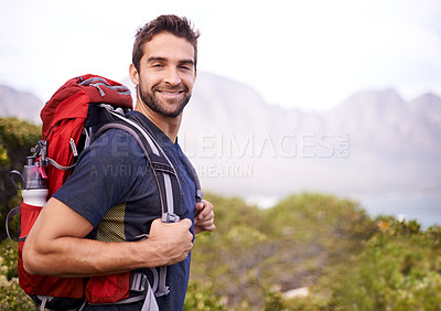 Buy stock photo Man, happy and hike for fitness with backpack for adventure, workout and hobby to explore in New Zealand. Portrait, smile and outdoor activity in nature for health in woods and summer holiday

