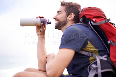 Buy stock photo Man, hiking and break for water, health and wellness with bottle and mountain. Athlete, exercise and adventure with summer, sunshine and backpack journey on cape town trail with travel and vacation