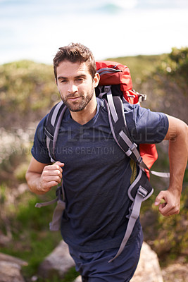 Buy stock photo Athlete, hiking and nature for fitness, health and wellness with back and mountain. Man, exercise and adventure with summer, sunshine and backpack journey on cape town trail with travel and vacation
