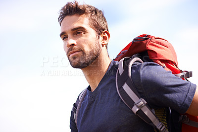 Buy stock photo Man, hike and backpack for recreation in environment for nature and outdoor for fitness in summer. Young person and look with bag for active, walk and adventure for exercise and sport for trail