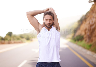 Buy stock photo Road, workout and stretching of man, smile and training for energy in nature of city of Cape Town. Adult, male person or runner ready for sport with exercise to relax, wellness and healthy for body