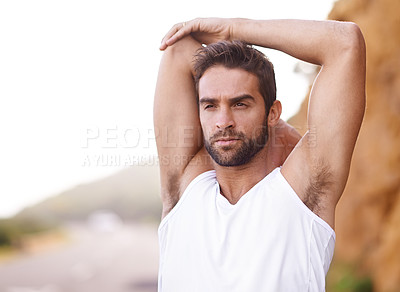 Buy stock photo Road, workout and stretching of man, thinking and training for energy in nature of city of Cape Town. Adult, male person or runner ready for sport with exercise to relax, wellness and healthy