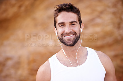 Buy stock photo Fitness, headphones and portrait of man with smile for exercise, training and music for workout. Male person, earphones and face with happiness for audio, streaming or podcast for morning cardio