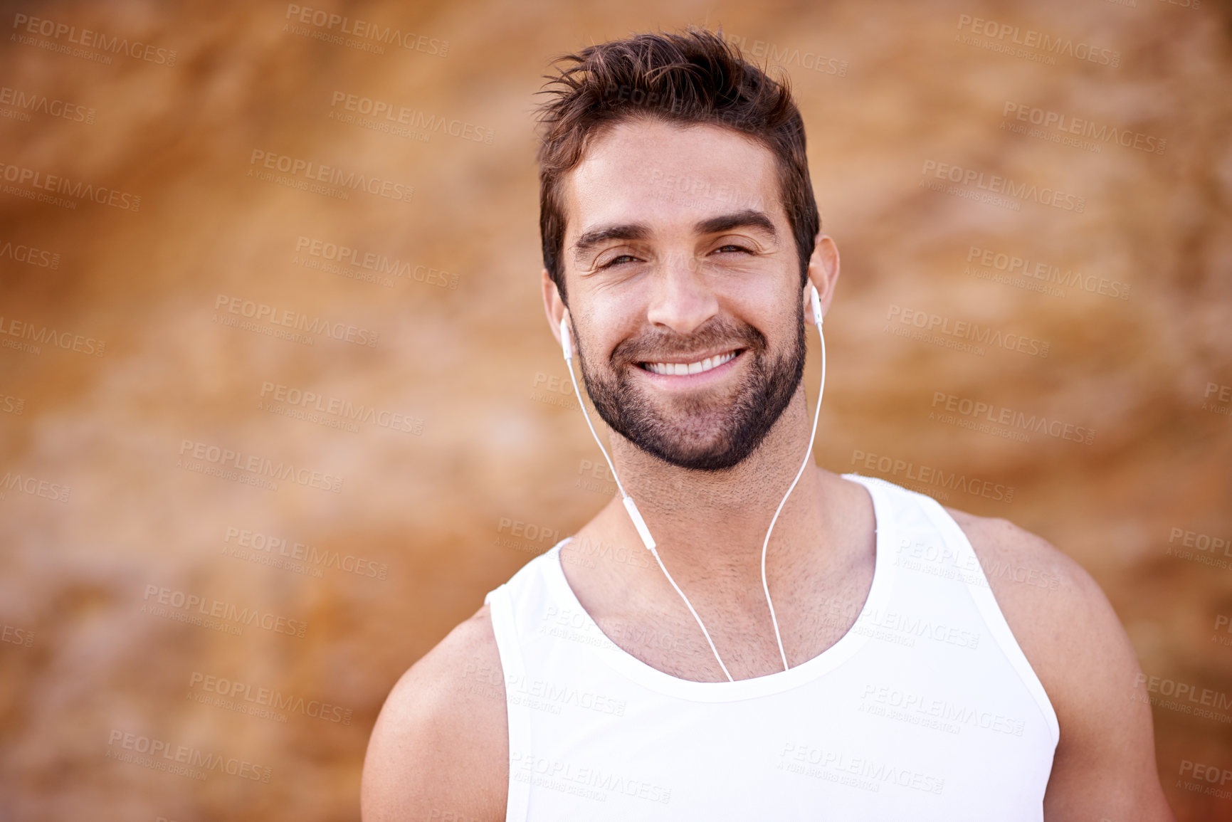 Buy stock photo Fitness, headphones and portrait of man with smile for exercise, training and music for workout. Male person, earphones and face with happiness for audio, streaming or podcast for morning cardio