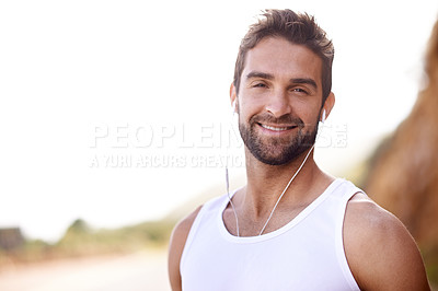 Buy stock photo Fitness, headphones and portrait of man in nature for exercise, workout and music for training. Male person, earphones and mockup with smile for streaming, audio or podcast for outdoor morning cardio