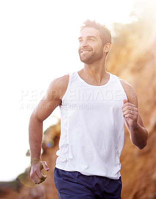 Buy stock photo Man, runner and strong for outdoor workout, sports and nature for cardio or training for marathon. Male person, happy and fitness on mountain for performance challenge, athlete and exercise for race
