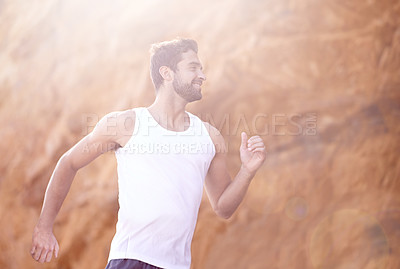 Buy stock photo Man, runner and body for outdoor workout, sports and nature for cardio or training for marathon. Male person, happy and fitness on mountain for performance challenge, athlete and exercise for race