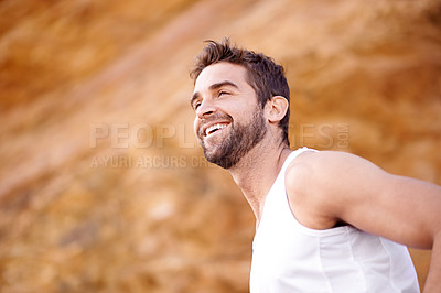 Buy stock photo Man, runner and happy for outdoor workout, sports and nature for cardio or training for marathon. Male person, action and fitness on mountain for performance challenge, athlete and exercise for race