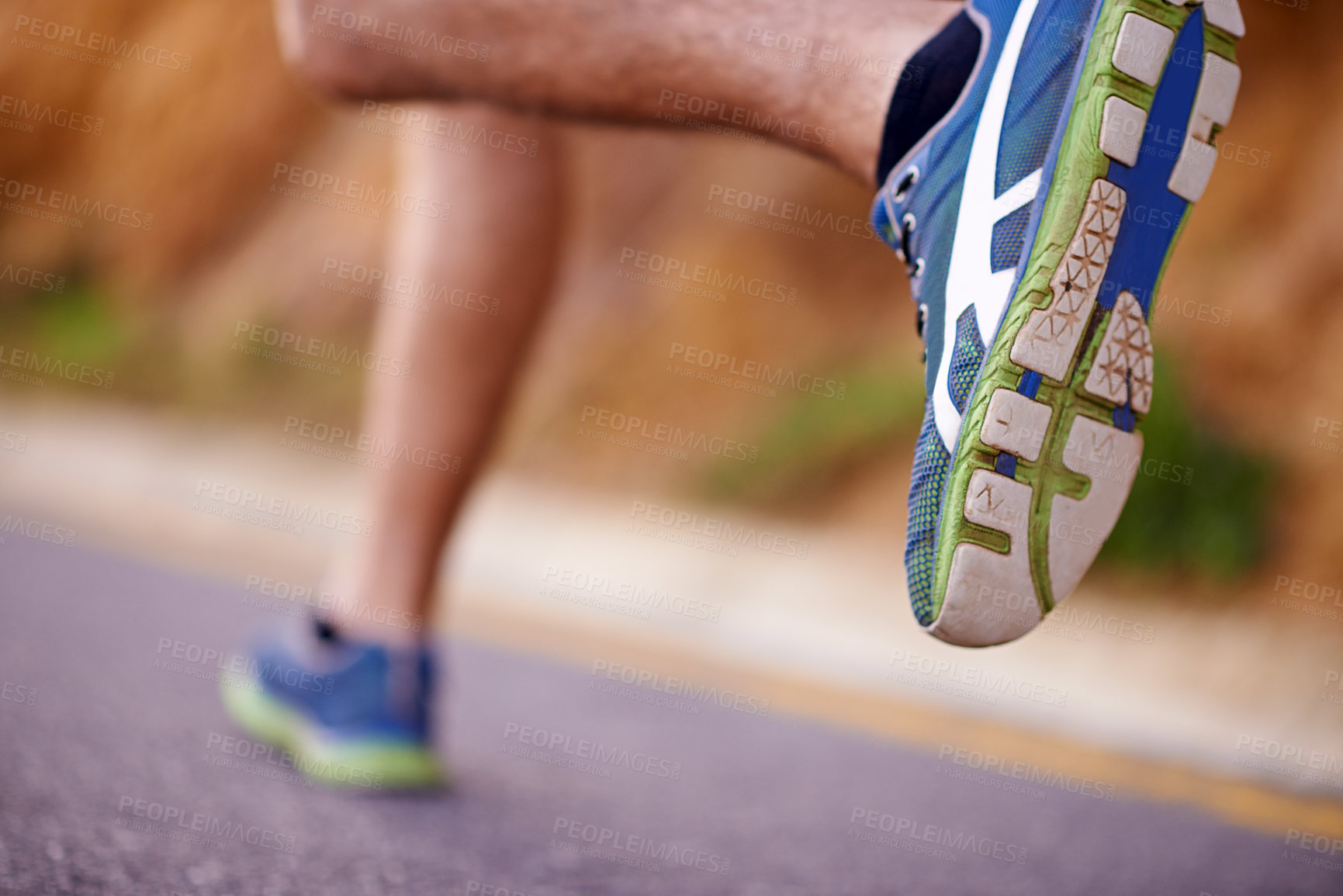 Buy stock photo Running, fitness and shoes of man in street for exercise, training and race for workout. Closeup, sports and feet of person for wellness, health and active for performance, challenge and marathon