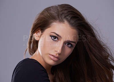 Buy stock photo Hair, portrait and woman in studio for hairstyle, treatment and glow on isolated grey background. Shampoo, confident and face of female model with beauty cosmetics, salon and volume in mockup space