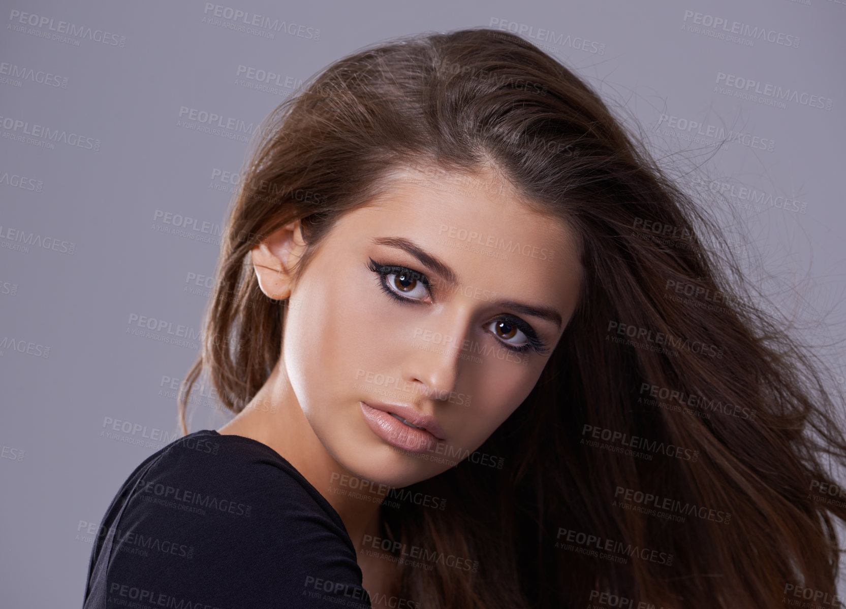 Buy stock photo Hair, portrait and woman in studio for hairstyle, treatment and glow on isolated grey background. Shampoo, confident and face of female model with beauty cosmetics, salon and volume in mockup space