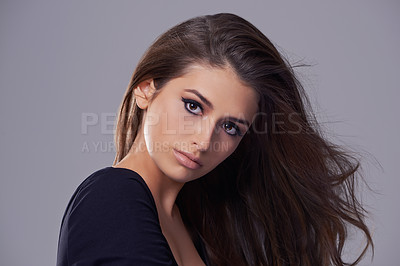Buy stock photo Hair care, portrait and woman in studio for treatment, salon and glow on isolated grey background. Shampoo, smile and face of female model with natural cosmetics, hairstyle and volume in mockup space