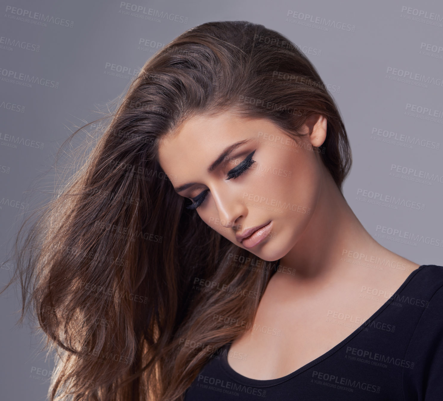 Buy stock photo Aesthetic, hair care and woman with beauty, wellness and treatment on a grey studio background. Confidence, person and model with shampoo and keratin with texture and cosmetics with shine and glowing