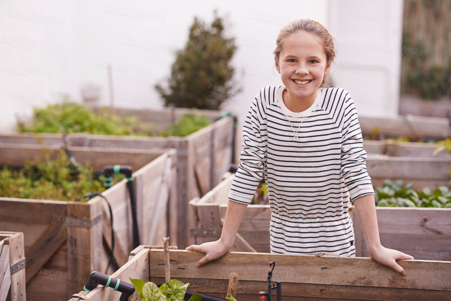 Buy stock photo Child, smile and portrait in backyard or garden for plants or gardening in environment for sustainable. Little girl or kid and happy with joy for leaf and grow for childhood and young in outdoor 

