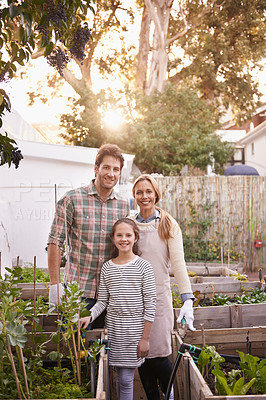 Buy stock photo Portrait, garden and family with vegetables, sustainability and growth with happiness and eco friendly. Parents in a kitchen, outdoor and mother with father and girl with nature, farm and agriculture