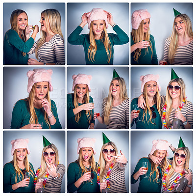 Buy stock photo Photobooth collage, friends and party event of women ready to celebrate with alcohol and happiness. Happy people, celebration and silly pose of friendship montage at a birthday or night out drinking