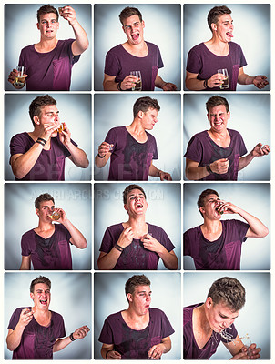 Buy stock photo Collage, drunk and man vomit from alcohol drink, shots and hangover while sick, tired and with nausea at party for celebration, new years and birthday. Crazy male puke on studio background