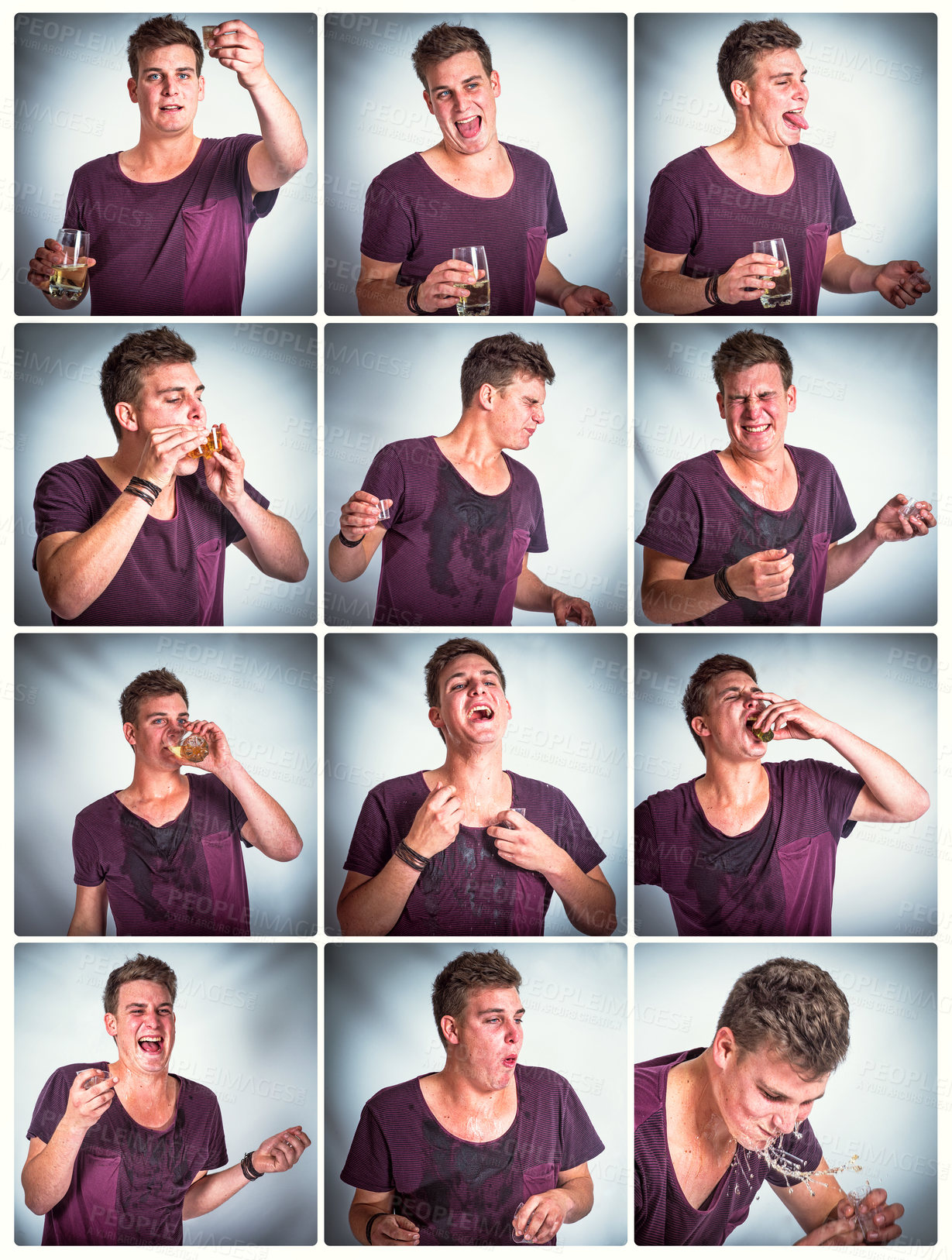 Buy stock photo Collage, drunk and man vomit from alcohol drink, shots and hangover while sick, tired and with nausea at party for celebration, new years and birthday. Crazy male puke on studio background