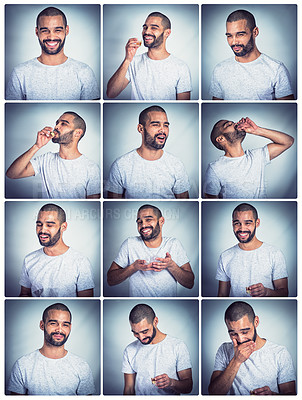Buy stock photo Collage, drunk man and drinking alcohol at party for new years, birthday or Christmas celebration with funny photobooth portrait. Funny male with shots drink in comic gradient background booth