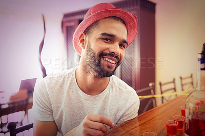 Buy stock photo Man, face and happy at new year, party and celebration with alcohol shots, drink and social with hat, fun and nightlife. Young male, celebrate or happiness while partying, spring break or house party