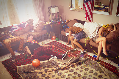 Buy stock photo Sleeping, drunk and party with people in living room in the morning with hangover, celebration and spring break. Summer, social and drink with group of friends at home for event, tired and vacation