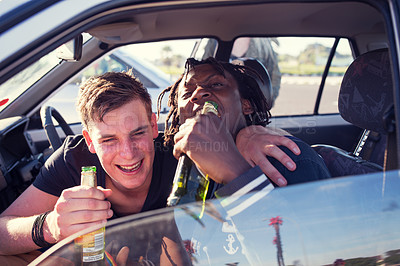Buy stock photo Friends, drunk and car transport of men happy about celebration, alcohol and party energy. Happiness, drinking and beer bottle of guys with friendship to celebrate for a social event in a vehicle