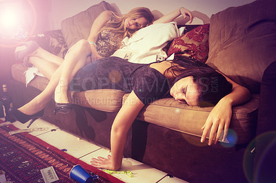 Buy stock photo Drunk, hangover and girl friends after a social event, party and spring break with alcohol. Sleeping, tired and young people on a home sofa exhausted together from house party, fun and alcoholic time