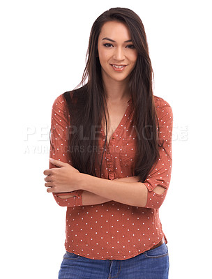 Buy stock photo Asian woman, happy portrait and smile with arms crossed, pride and motivation isolated on white background. Face of female leader marketing beauty, cosmetic and makeup with positive mindset in studio
