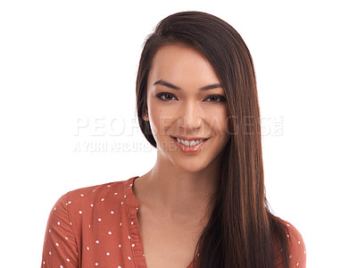 Buy stock photo Beautiful woman, portrait smile and face in beauty for profile happiness against a white studio background. Happy isolated attractive casual female smiling in confidence with long hair on mockup
