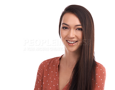 Buy stock photo Beauty, studio portrait and face of woman with natural makeup, facial skincare glow and cosmetics mockup space. Happiness, smile and mock up headshot of happy model girl  isolated on white background