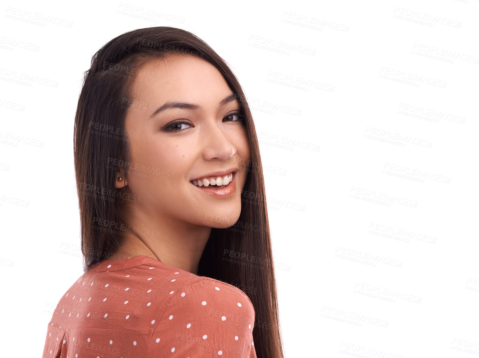 Buy stock photo Beautiful, young woman and smile for beauty profile or empowerment against a white studio background. Portrait of a isolated female smiling in happiness, vision or satisfaction on white background