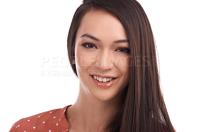 Buy stock photo Young, woman and smile for happy beauty profile or empowerment against white studio background. Portrait of beautiful isolated female smiling in happiness, vision or satisfaction on white background