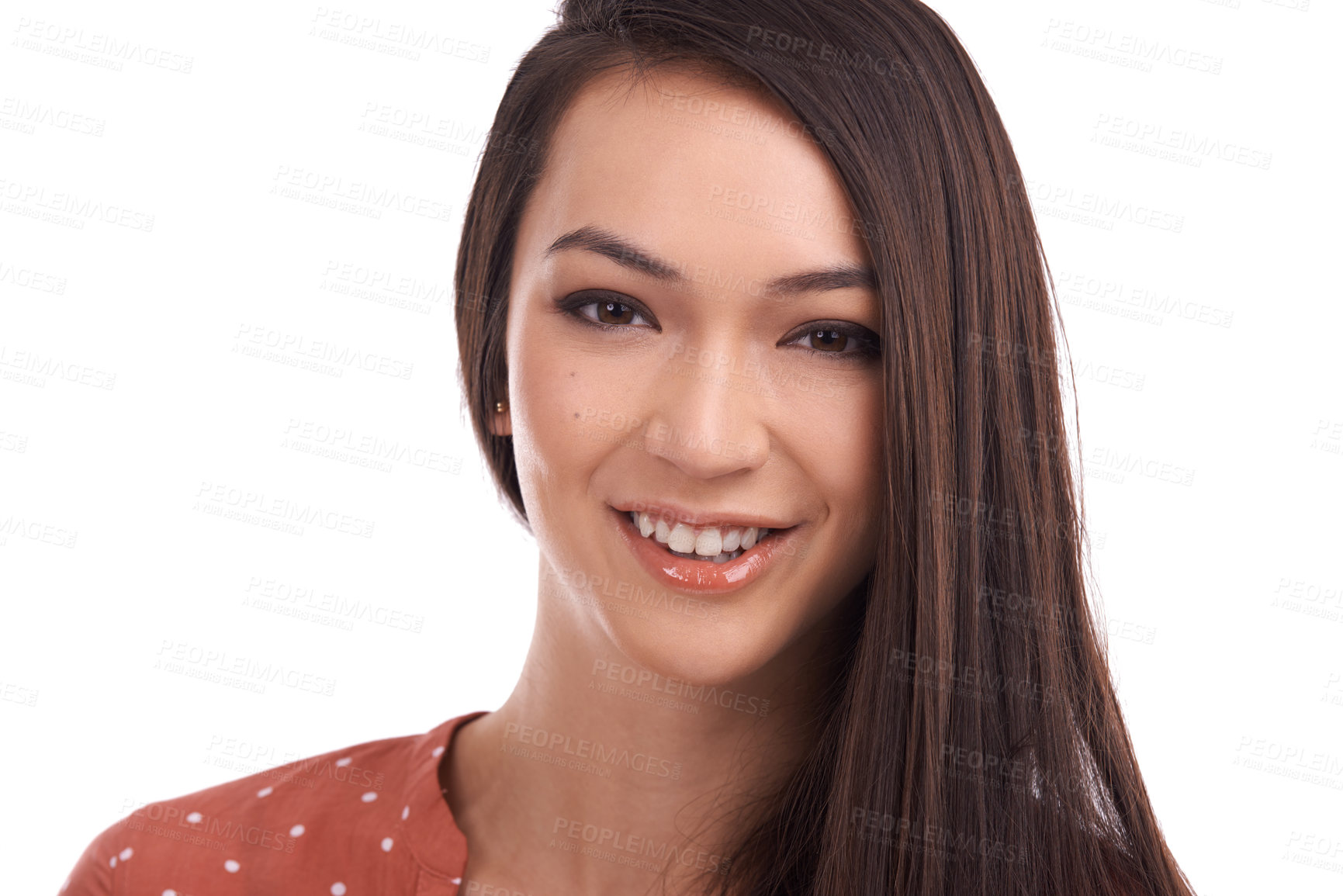 Buy stock photo Young, woman and smile for happy beauty profile or empowerment against white studio background. Portrait of beautiful isolated female smiling in happiness, vision or satisfaction on white background