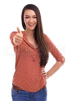 Buy stock photo Woman, studio portrait and thumbs up with smile, fashion and yes for motivation by white background. Young model, thumbsup and agreement with happiness, isolated and success with excited hand sign