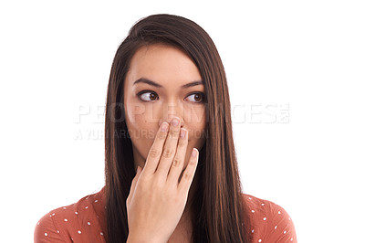 Buy stock photo Wow, thinking and mockup with a woman surprised in studio isolated on a white background in shock. Omg, idea and mock up with an attractive young female posing hand over mouth on blank space