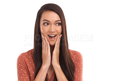 Buy stock photo Wow face, woman and excited in studio, isolated white background and crazy announcement. Young model surprised for gossip, secret news and emoji for wtf notification, curious announcement and shocked