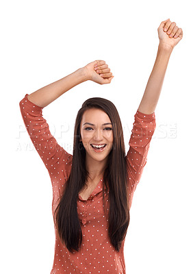 Buy stock photo Woman, happy and dance arms for success, freedom and achievement in white background. Yes, smile portrait and person dancing for happiness, excited energy and lifestyle motivation isolated in studio