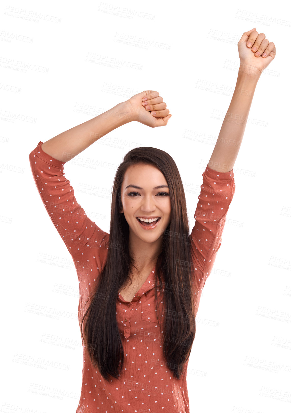 Buy stock photo Woman, happy and dance arms for success, freedom and achievement in white background. Yes, smile portrait and person dancing for happiness, excited energy and lifestyle motivation isolated in studio