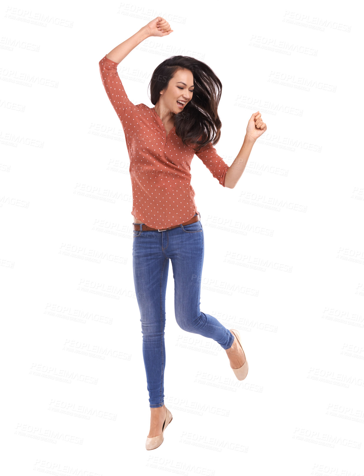 Buy stock photo Woman, happy and jumping for success, freedom and achievement in white background. Yes, person smile and air jump dancing for happiness, excited energy and lifestyle motivation isolated in studio
