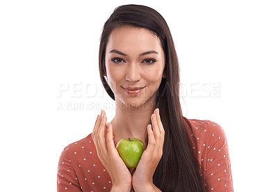 Buy stock photo Apple, health or studio portrait of woman with fruit product for weight loss diet, body detox or wellness lifestyle. Healthcare model face, nutritionist food or healthy vegan girl on white background