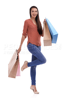 Buy stock photo Woman, happy and fashion with shopping bag standing in white background for retail promotion, sale marketing or customer happiness. Model, smile portrait and boutique purchase isolated in studio