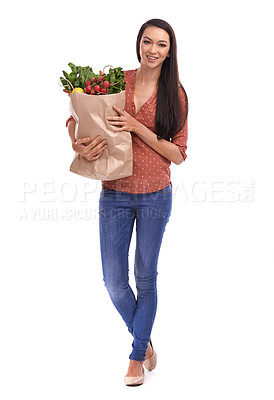 Buy stock photo Woman, smile portrait and vegetable grocery shopping bag in white background for healthy nutrition, diet and happiness isolated in studio. Model, face and happy for organic food or customer groceries