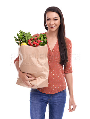 Buy stock photo Woman, happy portrait and healthy food or grocery shopping bag in white background for nutrition health, vegetables diet and happiness isolated in studio. Model, face and smile for organic groceries