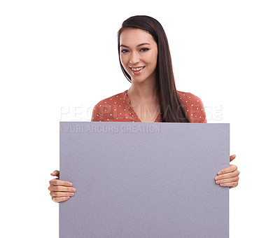 Buy stock photo Marketing mockup, portrait and woman with poster, placard or billboard for promotion, advertising or product placement. Sign, banner space and sales model girl with studio mock up on white background