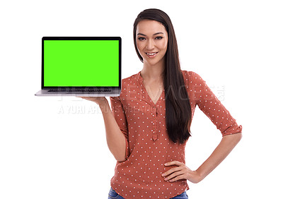 Buy stock photo Green screen, laptop and portrait of Asian woman on a white background for website, digital logo and information. Marketing, advertising and isolated girl with computer screen mockup for online data