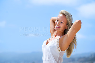Buy stock photo Woman, fashion and happy outdoor in summer outfit for hot weather on holiday, break and rest in Los Angeles. Female person, happy and satisfied on leisure or vacation to relax, chill and arms in head