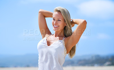 Buy stock photo Woman, fashion and outdoor with smile in summer outfit for hot weather on holiday, break and rest in Miami. Female person, happy and satisfied on leisure or vacation to relax, chill and arms up, head