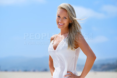 Buy stock photo Portrait, sky space or happy woman at a beach to relax on vacation for break at sea in Athens, Greece. Tourist, ocean mockup or lady in summer fashion to travel with smile, wellness or confidence
