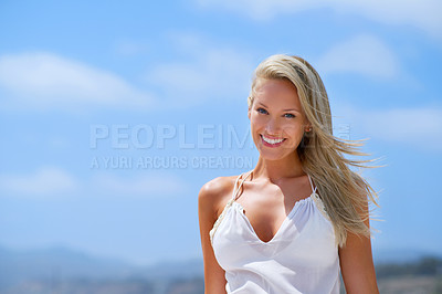 Buy stock photo Portrait, sky or happy woman at a beach to relax on vacation for break at sea in Athens, Greece. Tourist, ocean or person in summer fashion or clothes to travel with smile, wellness or confidence