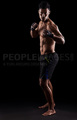 Buy stock photo Man, boxer and portrait in studio for sports, fitness and warrior training on black background. Person, athlete and strong muscles for workout or exercise, health and ready for battle or competition